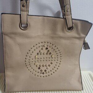 Studded Medallion Faux Leather (?) Tote - Beige/Taupe